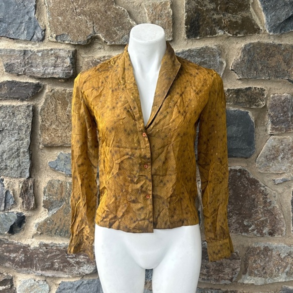 Emilio Pucci Vintage Chevron Print Button Down Collared Blouse in Gold Size 5/6